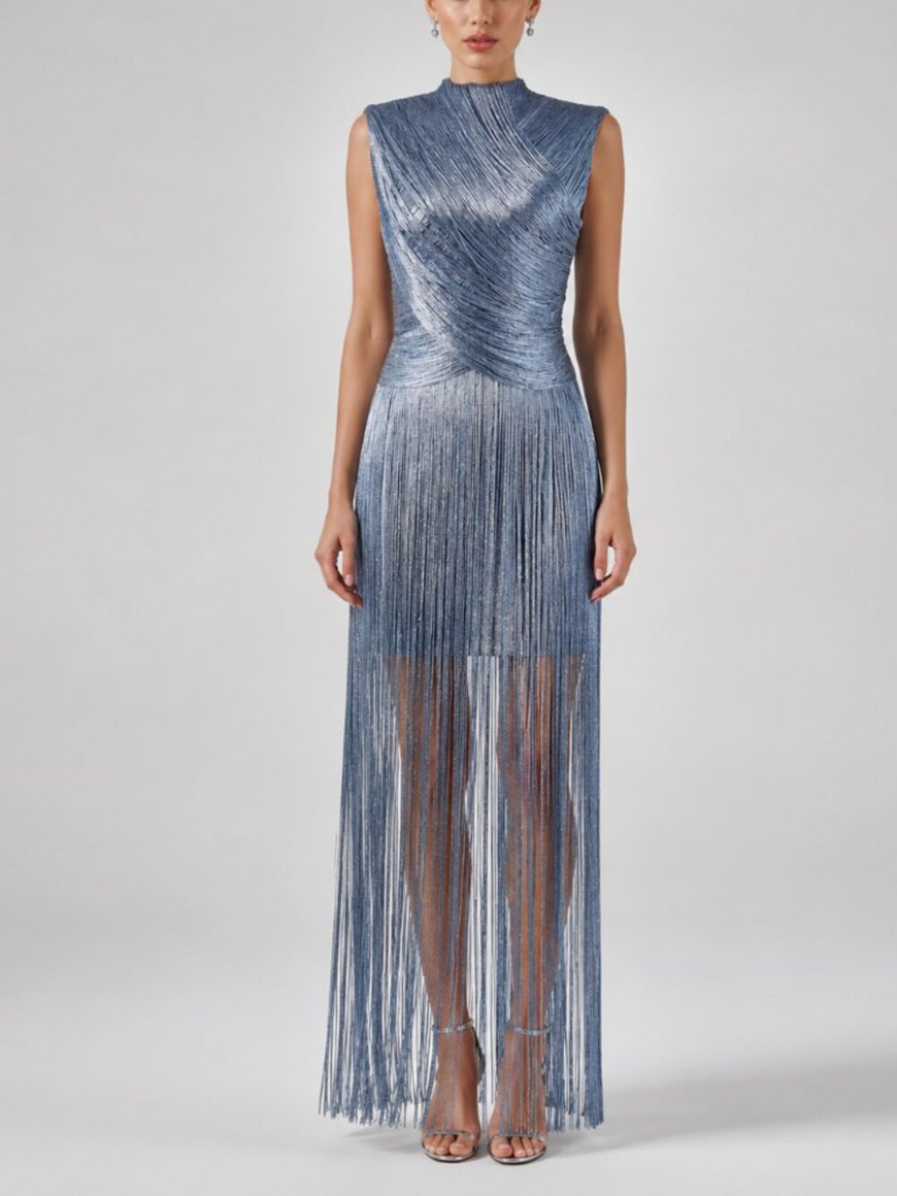 Dusty Blue Metallic Shimmer Sleeveless Fringe Bandage Evening Dress